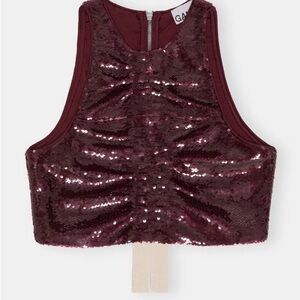 Ganni Red Ruched-Detail Sequin Top